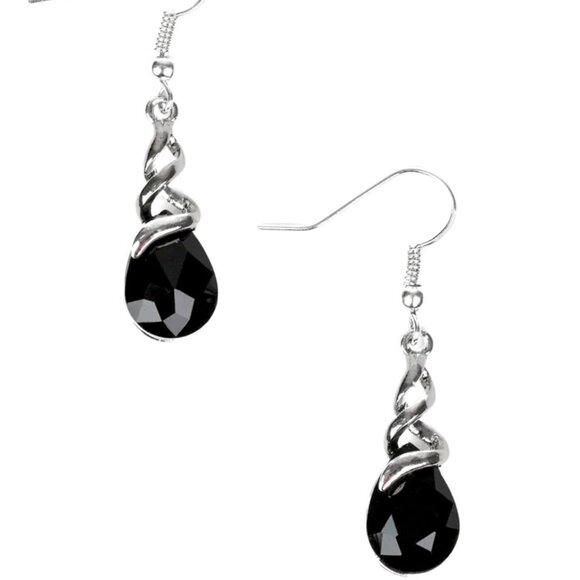 Jewelry - Black Teardrop Gem Earrings | Silver Wire Frame | Elegant Dangle